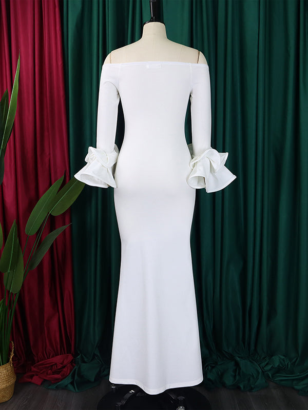 Falbala Solid Color Split-side Bodycon Flared Sleeves Off-the-shoulder Maxi Dresses