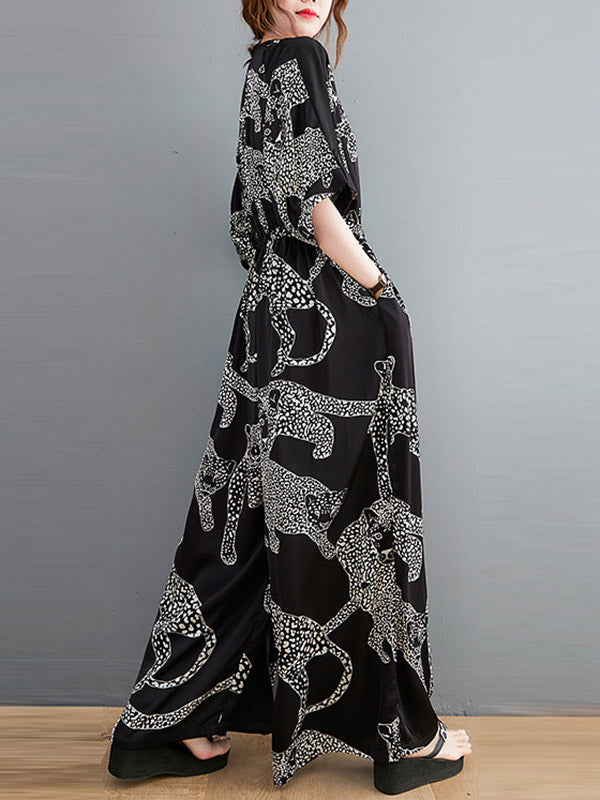 Vintage Original Floral Leopard Printed Split-Joint Tied V-Neck Half Sleeves Wide Leg Jumpsuits