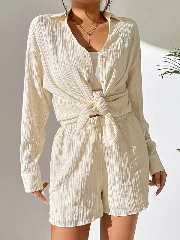 Loose Buttoned Long Sleeves Pleated Solid Color Lapel Shirts Top + Elasticity Shorts Bottom Two Pieces Set