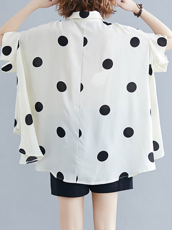 Polka-Dot Batwing Sleeves Loose Lapel Blouses&shirts Tops