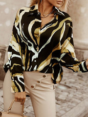 Buttoned Printed Long Sleeves Loose Lapel Blouses&Shirts Tops