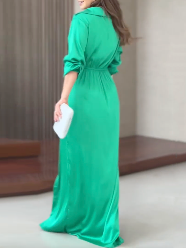 Long Sleeves Solid Color Split-Side Lapel Collar Maxi Dresses Shirt Dress