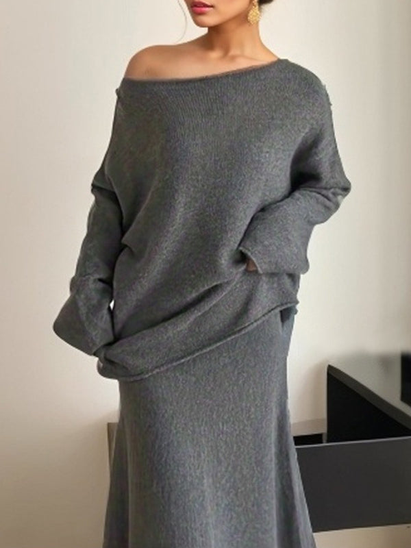 Loose Solid Color Long Sleeves Round-neck Sweater Top + Skirt Two Pieces Set