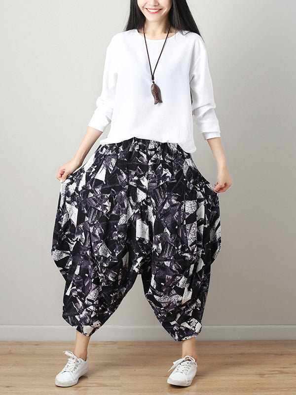 Artistic Retro Ramie Cotton Original Printed Elasticity Harem Pants