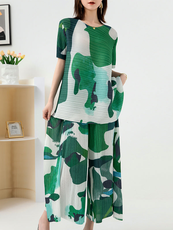 Original Loose Short Sleeves Contrast Color Printed Round-Neck T-Shirt Tops&Wide Legs Pants Two Pieces Set