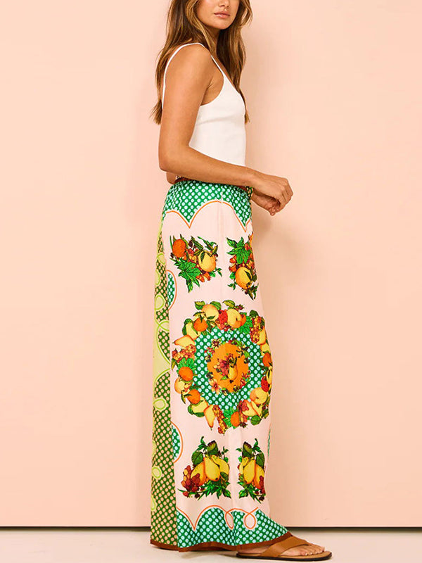 Contrast Color Floral Printed Loose Short Sleeves Lapel Shirt Top&Pants Two Pieces Set
