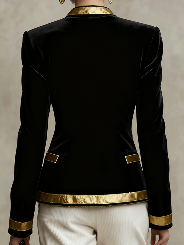 Buttoned Contrast Color Split-Joint Long Sleeves Round-neck Outerwear Jackets