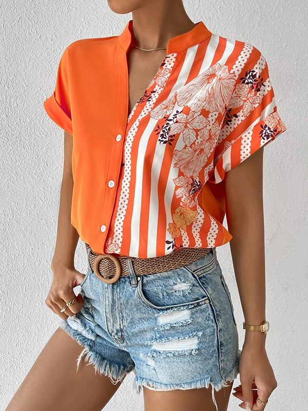 Buttoned Contrast Color Flower Print Striped Loose Short Sleeves V-Neck Blouses&Shirts Tops
