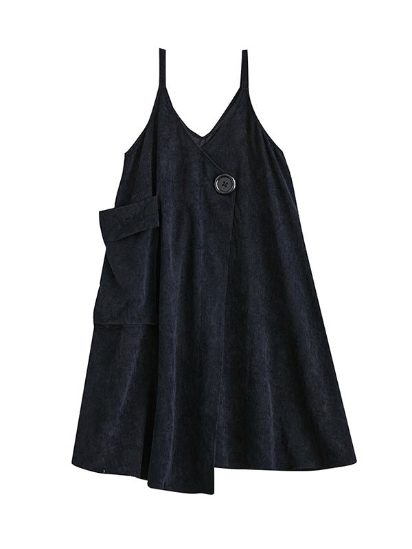 Adjustable Asymmetric Buttoned Pockets Solid Color A-line High-low Spaghetti-Neck Midi Dresses
