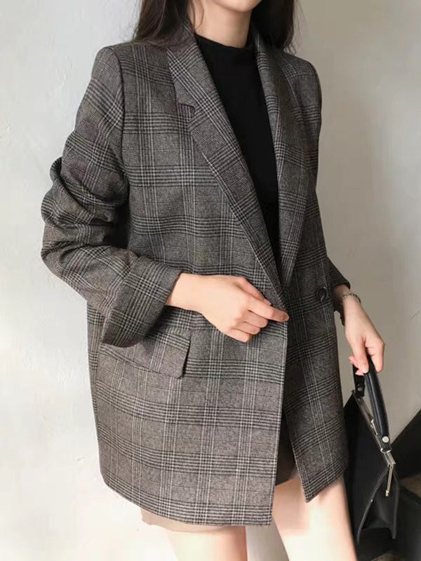 Buttoned Pockets Split-Joint Long Sleeves Loose Notched Collar Outerwear Blazer