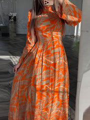 Flower Print Pleated Zipper A-Line High Waisted Mock Neck Maxi Dresses