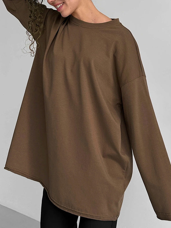 Solid Color Long Sleeves Loose Round-Neck T-Shirts Tops