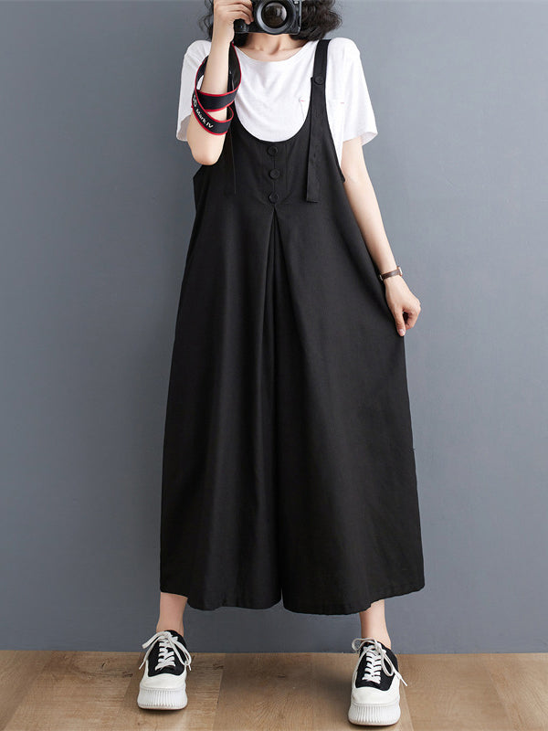 Buttoned Solid Color Ninth Pants Wide Leg Spaghetti-Neck Overalls