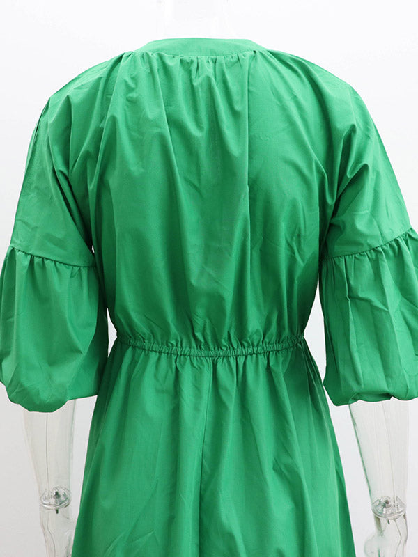 Elasticity Pleated Solid Color A-Line Half Sleeves V-Neck Midi Dresses