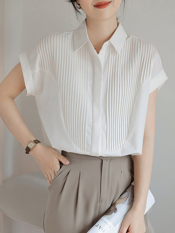 Buttoned Pleated Solid Color Split-Joint Loose Short Sleeves Lapel Blouses&Shirts Tops