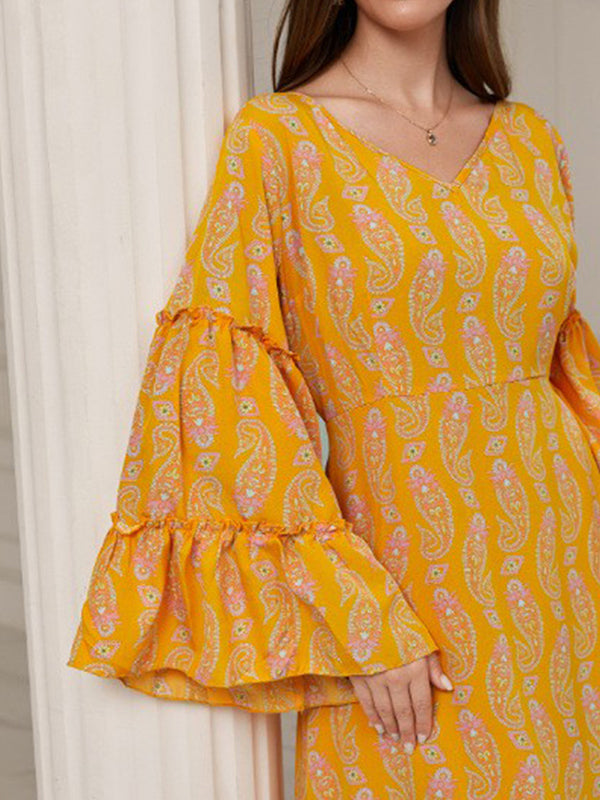 Printed Ruffled Split-Joint A-Line Flared Sleeves V-Neck Maxi Dresses