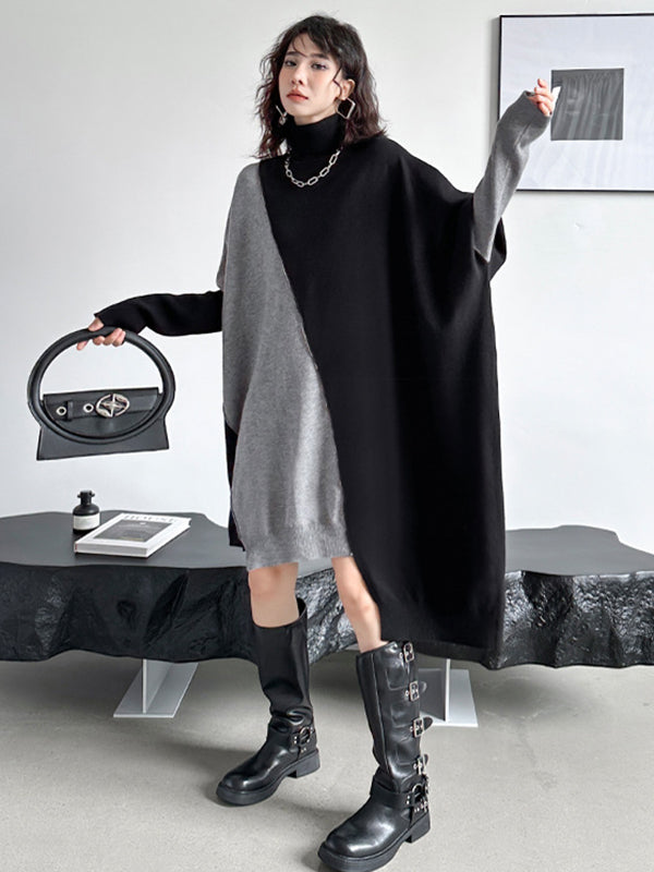 Asymmetric Contrast Color Split-Joint Batwing Sleeves Hipster High-neck Sweater Dresses Midi Dresses