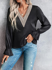 Elasticity Hollow Jacquard Leopard Split-Joint Long Sleeves Loose V-Neck Blouses&Shirts Tops