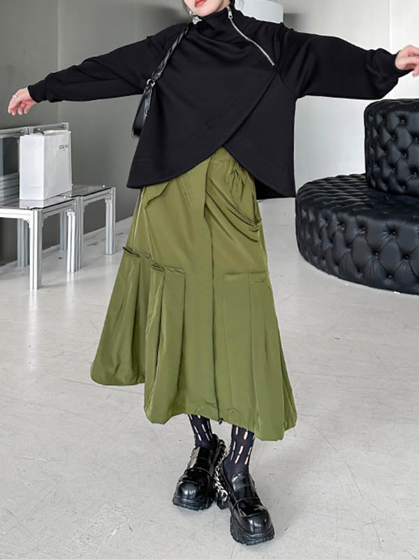 Asymmetric Split-Joint Zipper Long Sleeves Loose High Neck Sweatshirt Tops