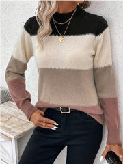 Contrast Color Long Sleeves Round-Neck Sweater Tops Pullovers