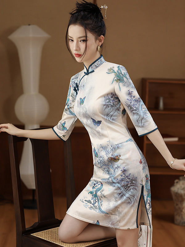 Original Half Sleeves Animal Printed Split-Side Stand Collar Short Cheongsams
