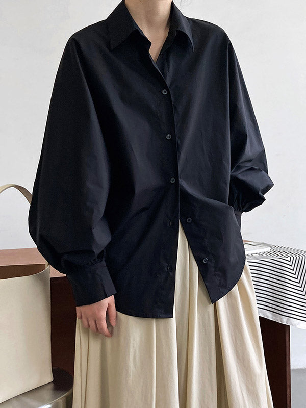 Buttoned Pleated Solid Color Long Sleeves Loose Lapel Blouses&Shirts Tops