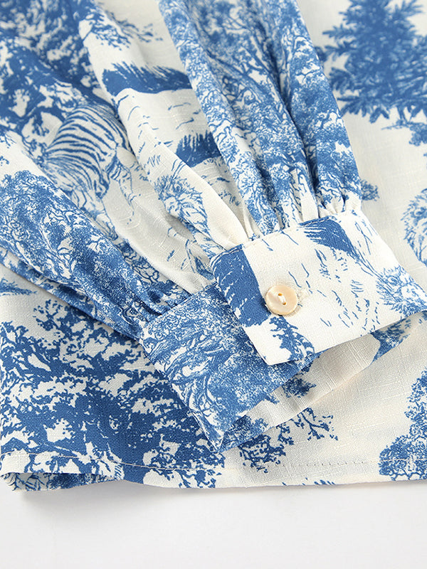 Floral Printed Pleated Split-Joint Loose Puff Sleeves Stand Collar Blouses&Shirts Tops