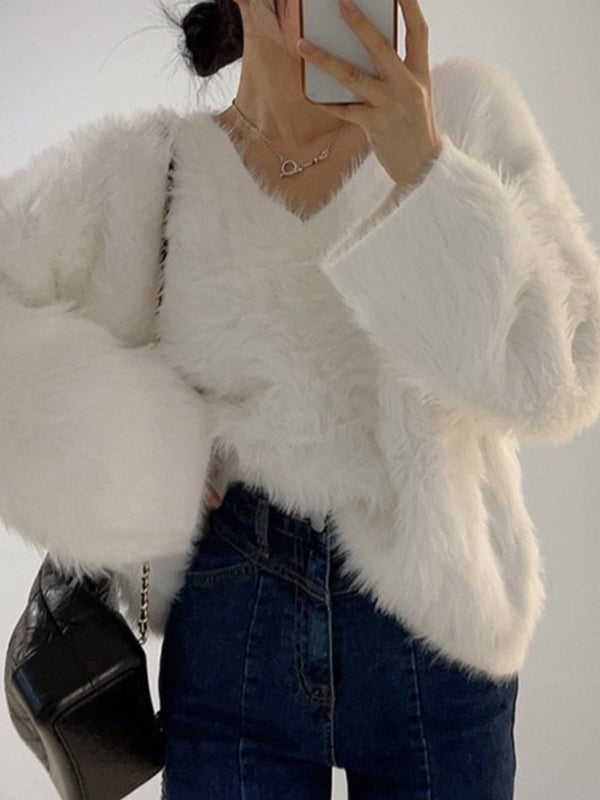 Original Creation Long Sleeves Loose Solid Color V-Neck Sweater Tops