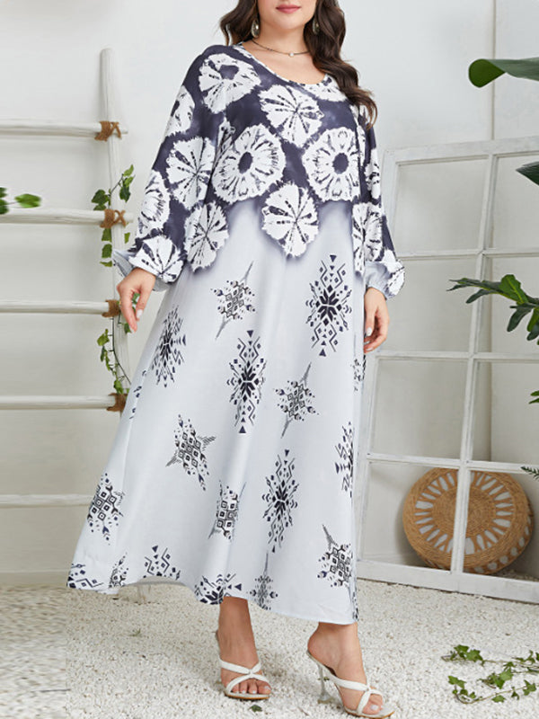 Contrast Color Flower Print Muslim Long Sleeves Loose Round-Neck Midi Dresses