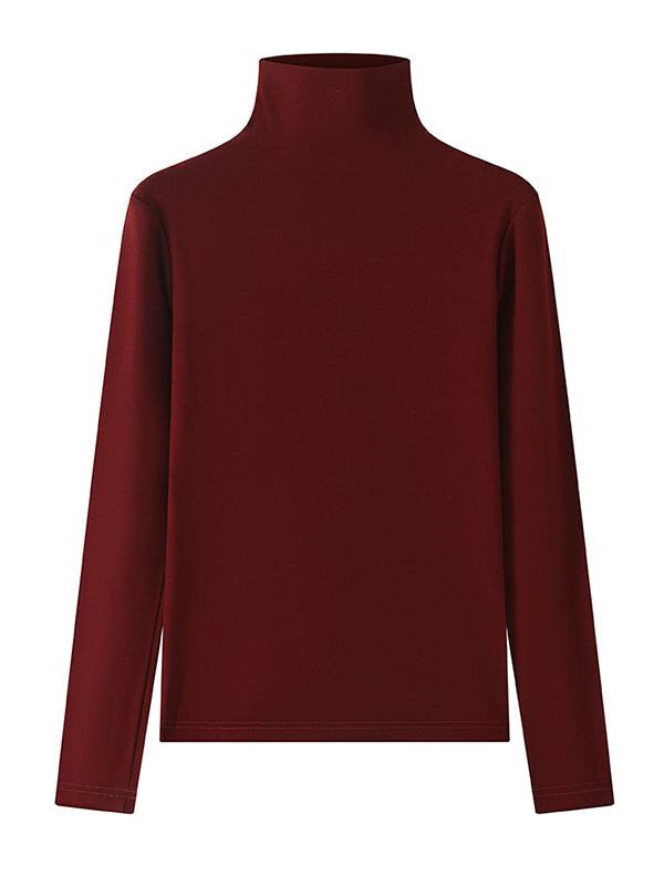 Solid Color Long Sleeves Skinny High Neck T-Shirts Tops