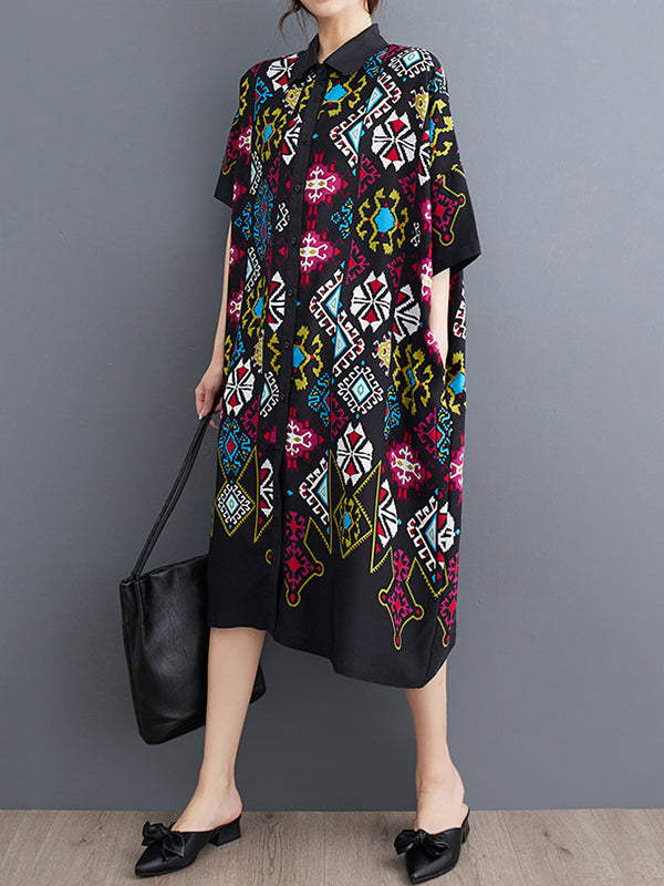 Buttoned Printed A-Line Loose Lapel Midi Dresses