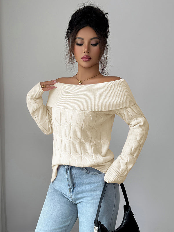 Solid Color Split-Joint Long Sleeves Off-The-Shoulder Sweater Tops Pullovers