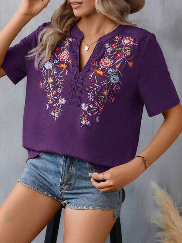 Embroidered Split-Joint Half Sleeves Loose V-Neck T-Shirts Tops