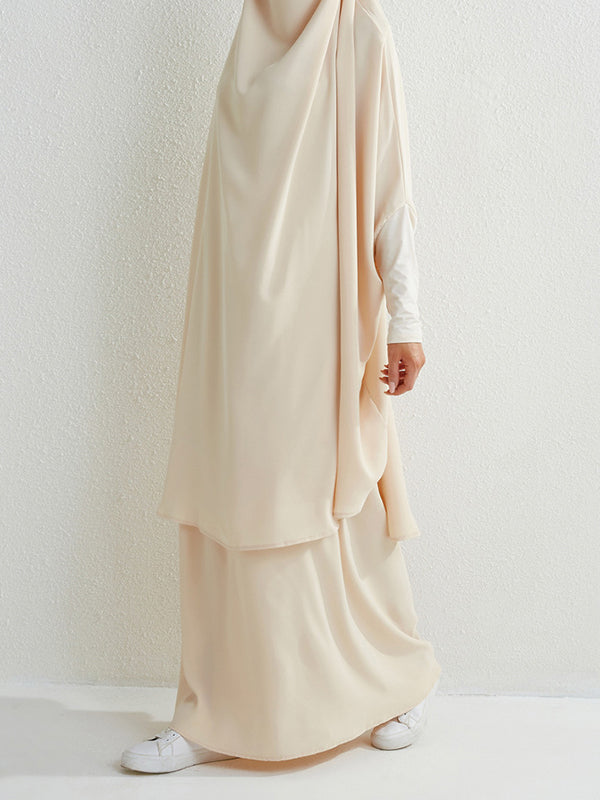 Solid Color Batwing Sleeves Long Sleeves Muslim High Neck Shirts Top + Skirts Bottom Two Pieces Set
