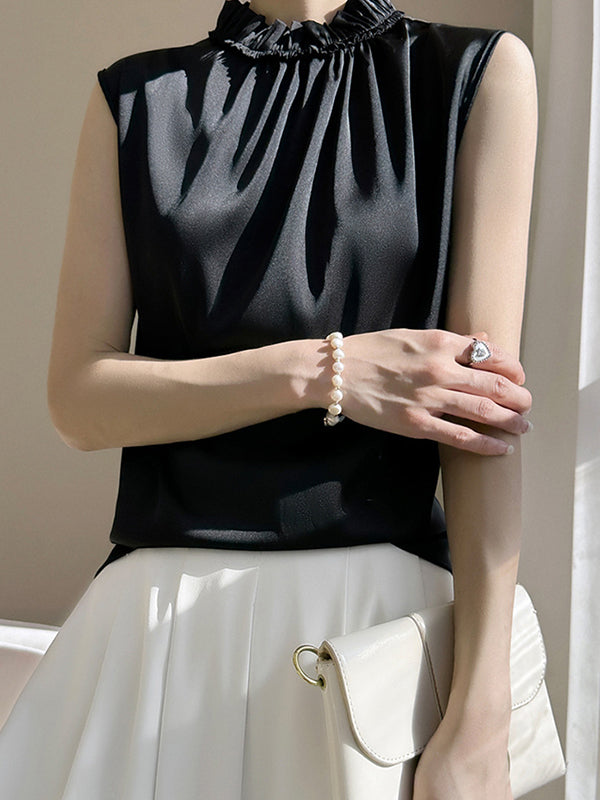 Pleated Ruffle Trim Solid Color Loose Sleeveless Stand Collar Vest Top