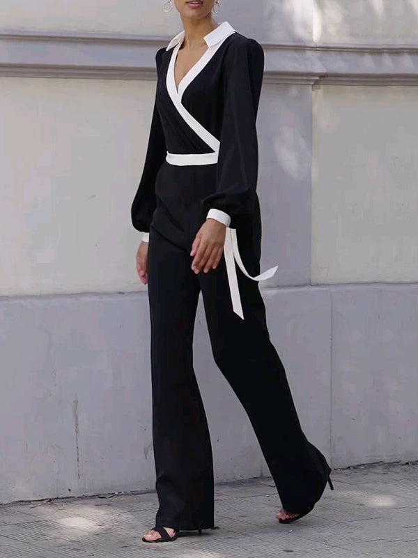 Contrast Color Tied Long Sleeves Loose Deep V-Neck Jumpsuits