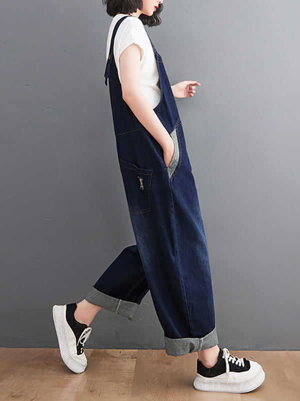 Casual Denim Contrast Color Split-Joint Overalls