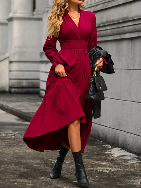 Elasticity Pleated Solid Color A-Line Flared Sleeves V-Neck Midi Dresses