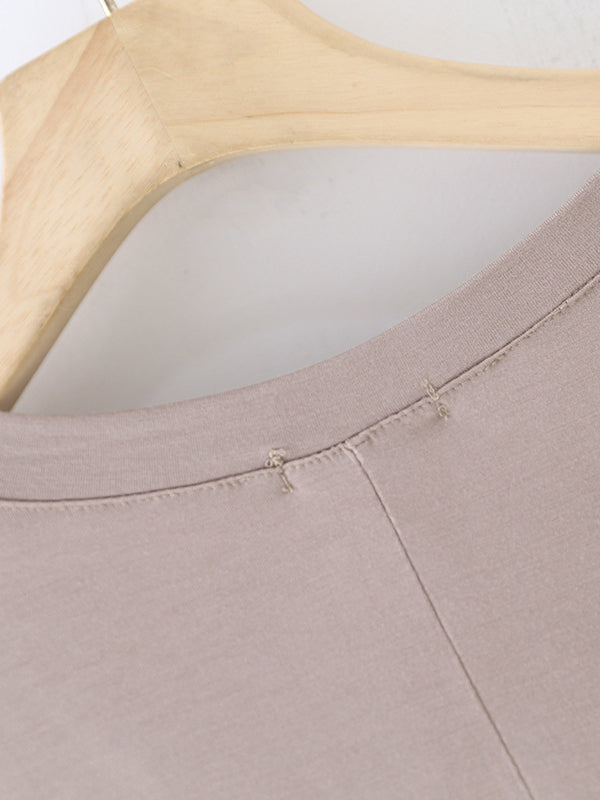 Solid Color Split-Joint Loose Short Sleeves V-neck T-Shirts Tops