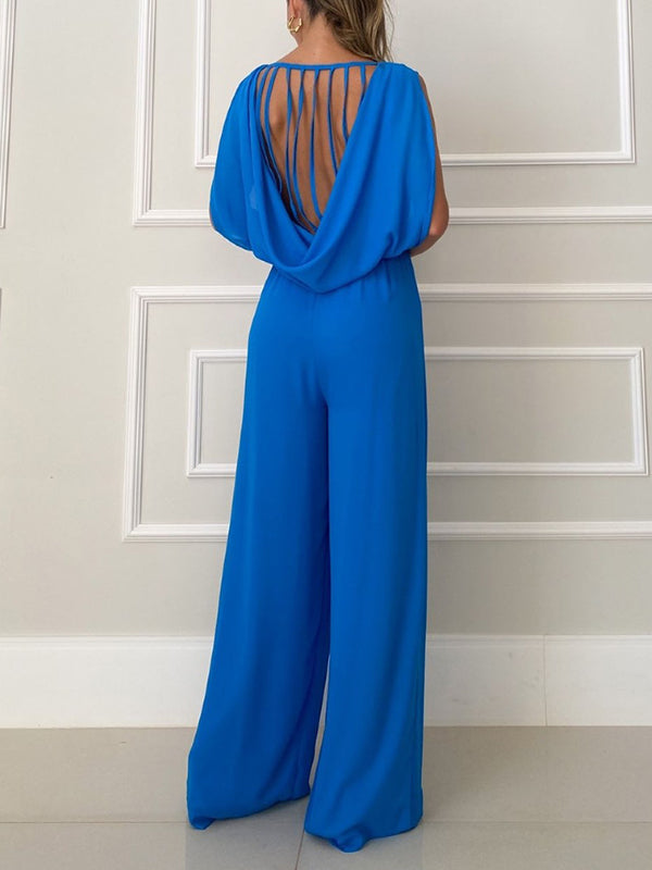 Backless Hollow Solid Color High-Low Wide Leg Round-Neck Jumpsuits Bottoms