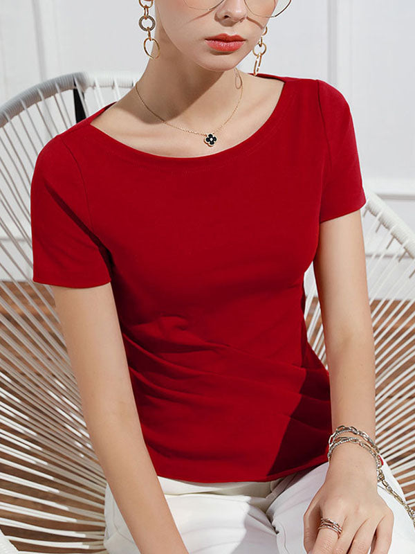 Pleated Solid Color Irregular clipping Short Sleeves Round-neck T-Shirts Tops