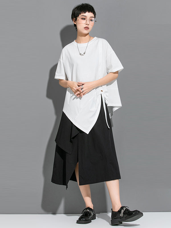 Urban Solid Color Asymmetric Round-Neck T-Shirt Top