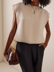 Hollow Solid Color Split-Joint High-Low Loose Round-Neck Vest Top
