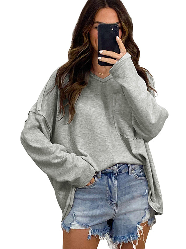 Pockets Solid Color Split-Joint Long Sleeves Loose Round-Neck T-Shirts Tops