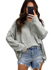 Pockets Solid Color Split-Joint Long Sleeves Loose Round-Neck T-Shirts Tops