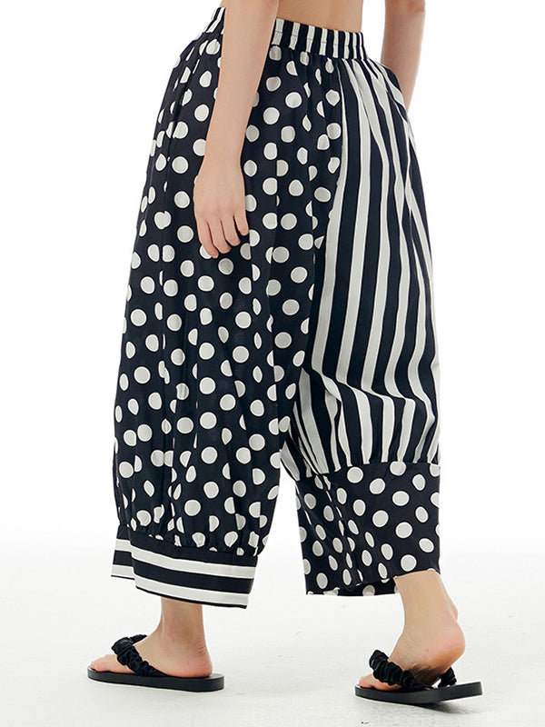 Contrast Color Elasticity Polka-Dot Split-Joint Striped Loose Wide Leg Pants Cropped Trousers