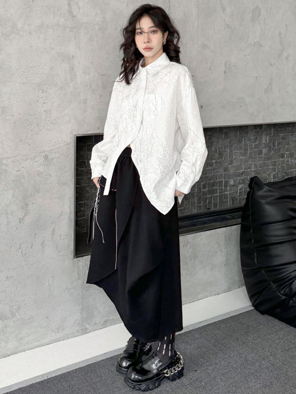 Abstract Printed Asymmetric Buttoned Wrinkled Irregularity Long Sleeves Lapel Blouses&Shirts Tops