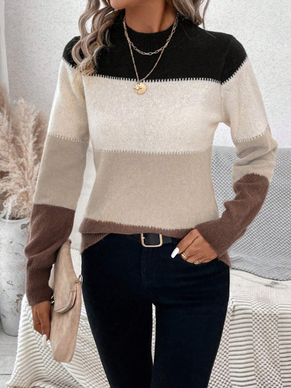 Contrast Color Long Sleeves Round-Neck Sweater Tops Pullovers
