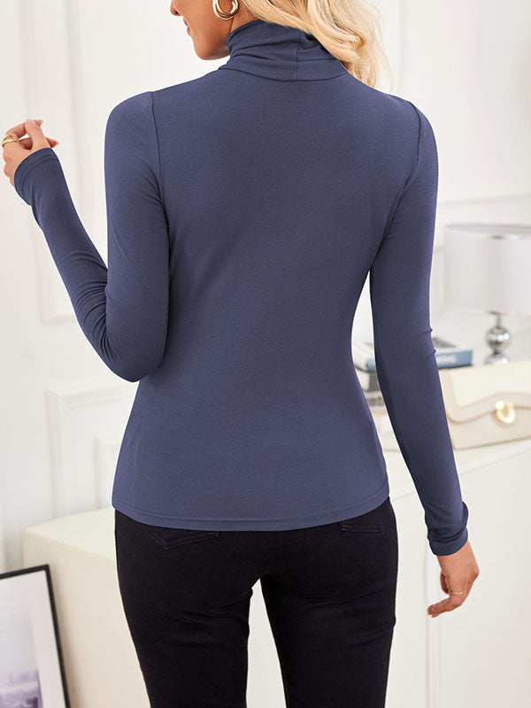 Solid Color Split-Joint Long Sleeves Skinny High Neck T-Shirts