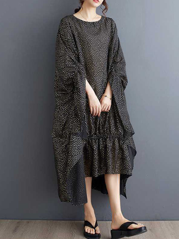 Elasticity Polka-Dot Split-Joint Batwing Sleeves Half Sleeves Round-Neck Midi Dresses